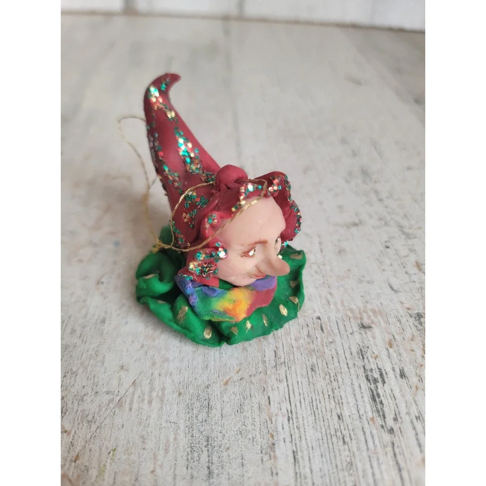 Vintage clay dough jester clown head ornament Xmas unique circus mid evil